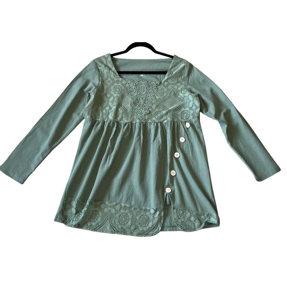 Womens Green Lace Button Detail Long Sleeve Top M Feminine Girly Boho - Picture 1 of 7
